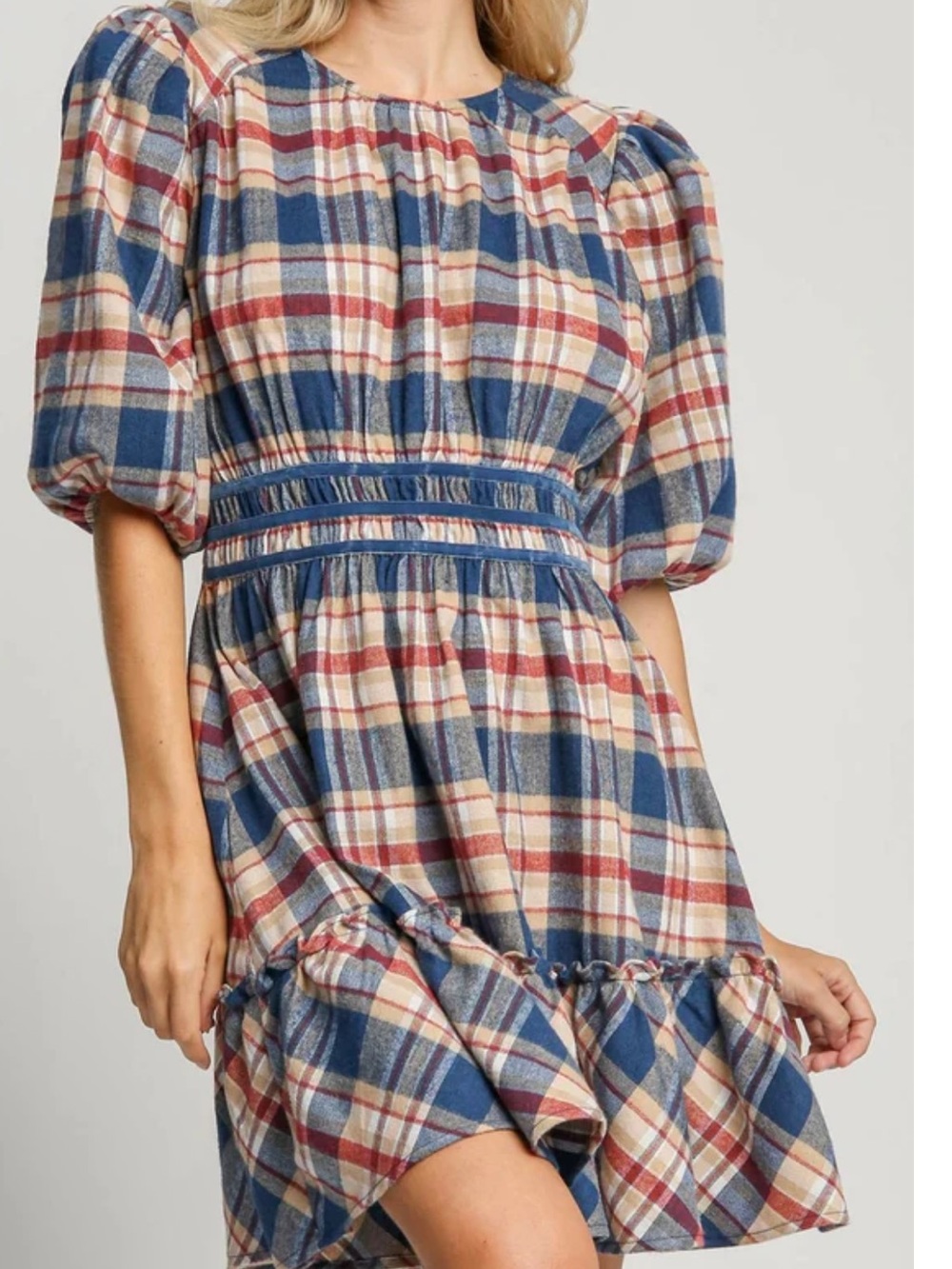 New! Umgee Blue, Red & Cream Plaid Puff-Sleeve Mini Dress